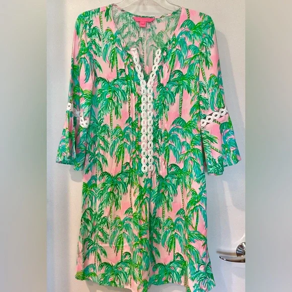 Lilly Pulitzer HOLLIE Tropical Pink & Green Palm Print Tunic Dress Sz M - Picture 1 of 5